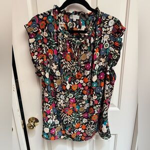 Colorful Floral Pleated Sleeve Top
